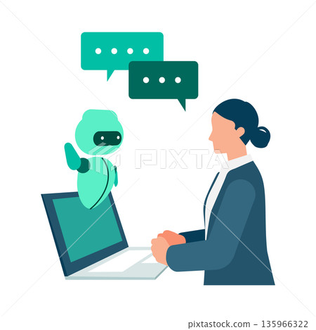 Illustration of a working woman conversing with AI, expressing suggestions and business support Illustration of a working woman conversing with AI, expressing suggestions and business support 135966322
