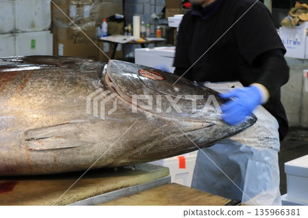 Raw tuna being filleted by a tuna craftsman 135966381