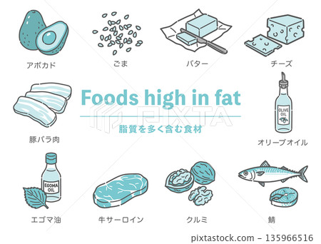 高脂肪食物插圖集（優質油脂、肉類、魚類、乳製品） 135966516