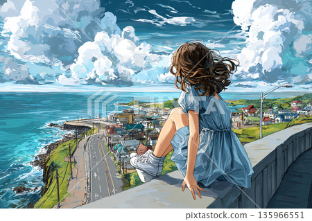 一幅女孩凝視城市景觀的插圖 一幅女孩凝視城市景觀的插圖 135966551