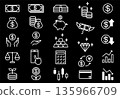 A set of white icons on a black background in US dollars related to investment and money 135966709