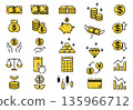 A sophisticated thin line black, white, and yellow icon set for investment and money in US dollars 135966712