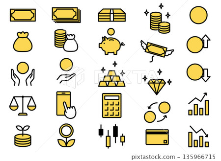 Simple money icon set without currency units (black and white + yellow) Simple money icon set without currency units (black and white + yellow) 135966715