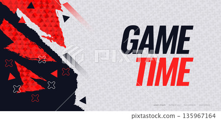 Energetic Sport Background Design with Black and Red Abstract Brush Shapes with Triangle Patterns and Elements. Competition Banner Layout for Marketing and Advertising 135967164