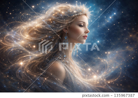 AI generated cosmic fantasy portrait of a serene celestial woman with flowing star hair glowing stardust and elegant jewels symbolizing beauty imagination and timeless universe magic 135967387