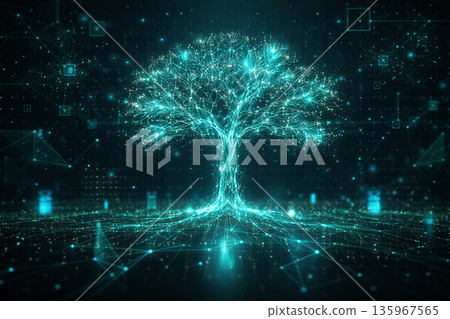 AI generated teal energy tree formed by data lines and glowing nodes representing artificial intelligence big data digital ecosystem future technology with clean copy space 135967565