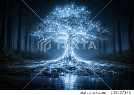 AI generated glowing fantasy tree radiating blue white energy roots and sparkling canopy in dark forest symbolizing life magic nature connection calm mystical atmosphere 135967576