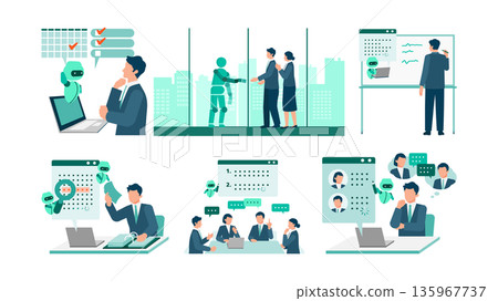 一組描繪商業場景的插圖，展示了人工智慧助理如何協助會議和工作。 135967737