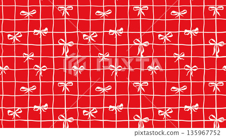 White Bow on Red Checkered Doodle Lines Vector Seamless Pattern, Girly Coquette for Valentines Day Love Gift Wrapping or Greeting Cards, Fabric Textile Print Horizontal Banner Panoramic Backdrop 135967752