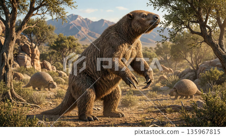 一幅逼真的3D CG插圖，描繪了一隻長著巨大爪子的地懶——舌懶，史前冰河時期的恐龍。 135967815