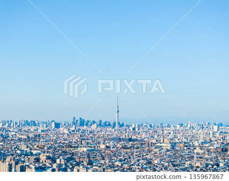Aerial photo of Tokyo, taken from above the Edogawa River near Yagiri in Matsudo City, towards the city center Aerial photo of Tokyo, taken from above the Edogawa River near Yagiri in Matsudo City, towards the city center 135967867
