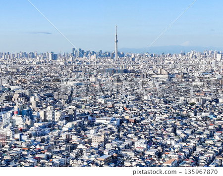 Aerial photo of Tokyo, taken from above the Edogawa River near Yagiri in Matsudo City, towards the city center Aerial photo of Tokyo, taken from above the Edogawa River near Yagiri in Matsudo City, towards the city center 135967870