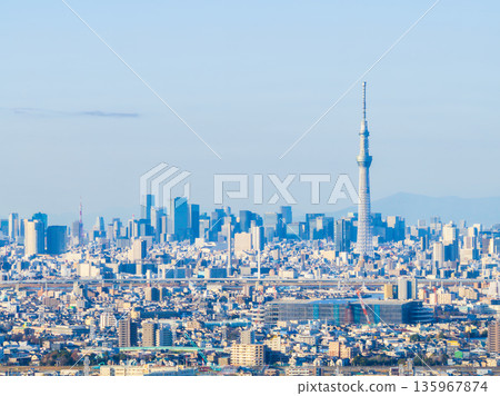 Aerial photo of Tokyo, taken from above the Edogawa River near Yagiri in Matsudo City, towards the city center Aerial photo of Tokyo, taken from above the Edogawa River near Yagiri in Matsudo City, towards the city center 135967874