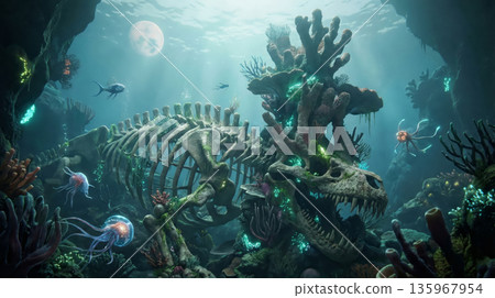 霸王龍骨架和珊瑚礁靜靜地躺在海底。神秘的深海恐龍化石。精美的CG背景素材。逼真。 135967954
