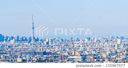 從松戶市八霧附近的江戶川上空拍攝的東京全景照片，鏡頭朝向市中心。 135967977