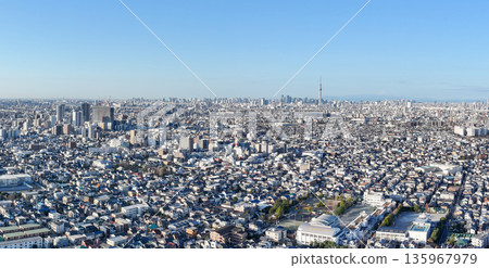 從松戶市八霧附近的江戶川上空拍攝的東京全景照片,鏡頭朝向市中心。 從松戶市八霧附近的江戶川上空拍攝的東京全景照片,鏡頭朝向市中心。 135967979