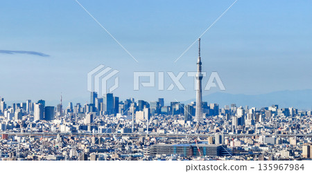 Aerial view of Tokyo, taken from above the Edogawa River near Yagiri in Matsudo City, towards the city center. Panorama Aerial view of Tokyo, taken from above the Edogawa River near Yagiri in Matsudo City, towards the city center. Panorama 135967984