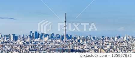 從松戶市八霧附近的江戶川上空拍攝的東京全景照片，鏡頭朝向市中心。 135967985