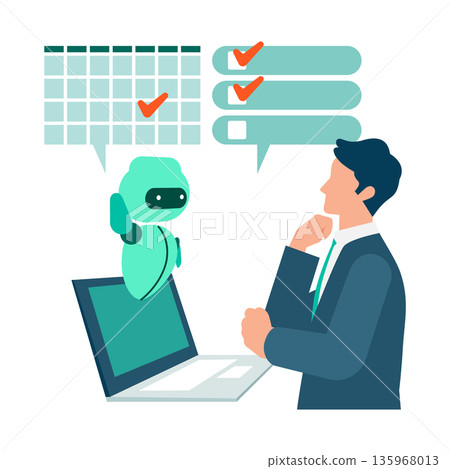 Illustration of a businessman managing tasks and schedules with AI. AI; Introduction; Utilization; Male; Person; Business 135968013
