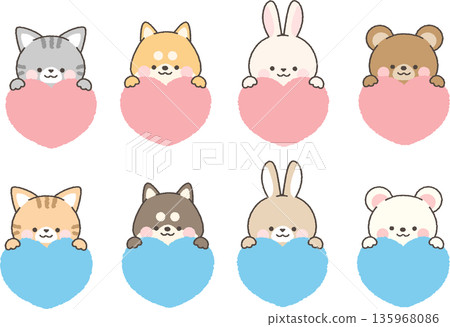 Animals peeking out from above the heart set Animals peeking out from above the heart set 135968086