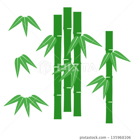 Set of Green Bamboo Stalks with Leaves for poster, card, banner and more for asian style design. 135968106