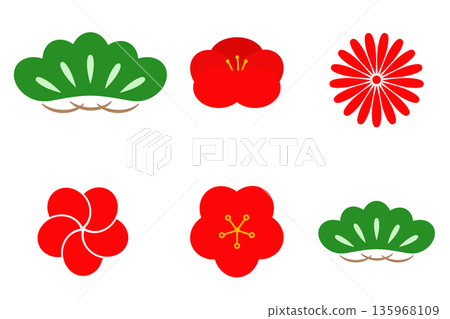 Set of Japanese Ume Flowers and Pine Branches. Applicable for poster, card, banner and more for asian style design. 135968109