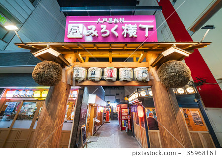 Night view of Hachinohe Yatai Village and Miroku Yokocho in Hachinohe City, Aomori Prefecture 135968161