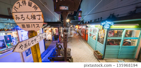 Night view of Hachinohe Yatai Village and Miroku Yokocho in Hachinohe City, Aomori Prefecture Night view of Hachinohe Yatai Village and Miroku Yokocho in Hachinohe City, Aomori Prefecture 135968194
