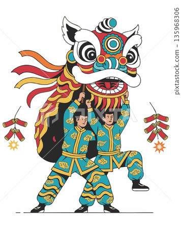 Illustration of a traditional Chinese lion dance performance 135968306