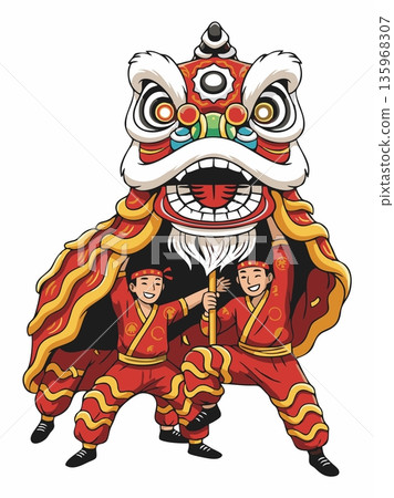 Illustration of a traditional Chinese lion dance performance 135968307