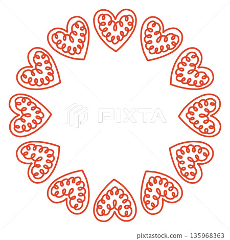 Whimsical vector illustration of a circular frame made of decorative folk style hearts. Cute hand drawn doodle design in red and white, perfect for Valentines Day cards, invitations, posters. 135968363