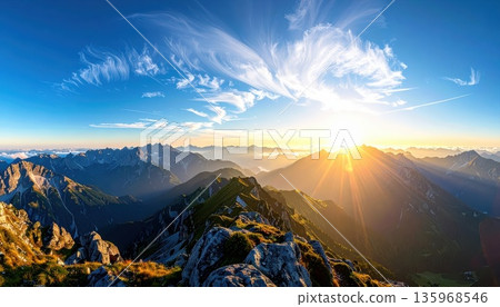 《AI image》Mountain peak illuminated by the morning sun 135968546