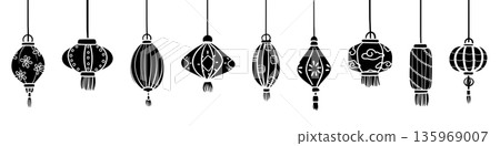 Chinese New Year lantern hanging ornaments in black silhouette on transparent background. Chinese New Year lantern hanging ornaments in black silhouette on transparent background. 135969007