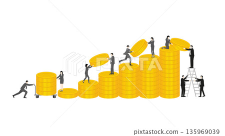 Business team stacking gold coins for illegal profit and corporate financial corruption concept 135969039