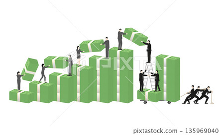 Corporate group collaborating in money laundering and illegal financial transfer with banknotes stack 135969040