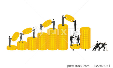 Business team collaborating in gold coins stacking and illegal wealth transfer for corruption concept Business team collaborating in gold coins stacking and illegal wealth transfer for corruption concept 135969041