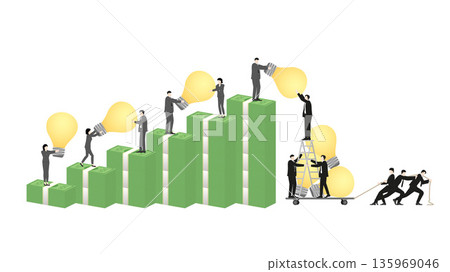 Corporate group collaborating in espionage to steal light bulb ideas and money for corruption concept Corporate group collaborating in espionage to steal light bulb ideas and money for corruption concept 135969046