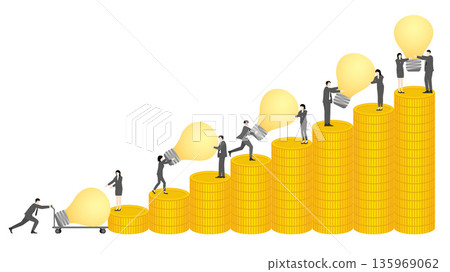 Business Team Working Together to Move Idea Lightbulbs Up Gold Coin Staircase for Wealth Growth and Strategic Investment Success Concept Business Team Working Together to Move Idea Lightbulbs Up Gold Coin Staircase for Wealth Growth and Strategic Investment Success Concept 135969062
