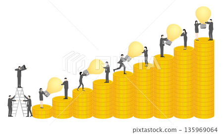 Business Leader with Megaphone Guiding Team to Move Idea Lightbulbs Up Gold Coin Staircase for Strategic Wealth Building and Investment Success Concept Business Leader with Megaphone Guiding Team to Move Idea Lightbulbs Up Gold Coin Staircase for Strategic Wealth Building and Investment Success Concept 135969064
