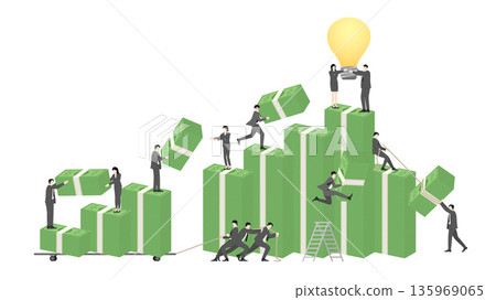 Business Team Working Together to Build Money Stacks with Creative Idea Lightbulb Concept for Financial Growth and Success 135969065