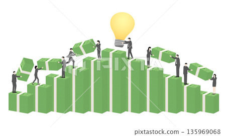 Business Team Collaborating on Growing Money Stack Bar Chart with Creative Idea Lightbulb for Success and Financial Progress Concept Business Team Collaborating on Growing Money Stack Bar Chart with Creative Idea Lightbulb for Success and Financial Progress Concept 135969068
