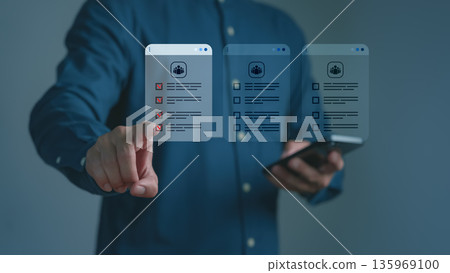 Businessman using smartphone and select virtual checklist interface, representing digital task management, online survey, or productivity technology, project planning, and data organization concepts. Businessman using smartphone and select virtual checklist interface, representing digital task management, online survey, or productivity technology, project planning, and data organization concepts. 135969100