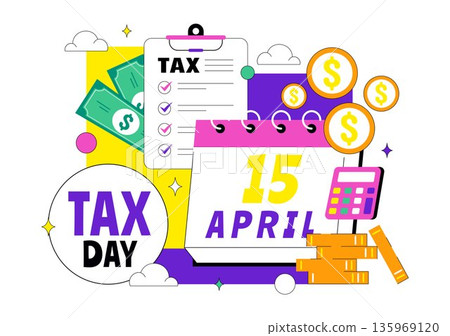 Happy Tax Day Vector Illustration On 15 April With Clipboard Tax Form, Clock, Pen, Coin Money, Paper Document For Bill Payment Flat Background Happy Tax Day Vector Illustration On 15 April With Clipboard Tax Form, Clock, Pen, Coin Money, Paper Document For Bill Payment Flat Background 135969120