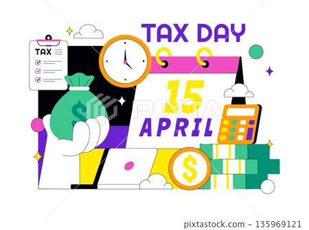 Happy Tax Day Vector Illustration On 15 April With Clipboard Tax Form, Clock, Pen, Coin Money, Paper Document For Bill Payment Flat Background Happy Tax Day Vector Illustration On 15 April With Clipboard Tax Form, Clock, Pen, Coin Money, Paper Document For Bill Payment Flat Background 135969121