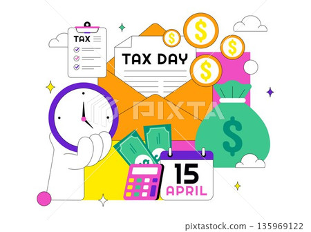 Happy Tax Day Vector Illustration On 15 April With Clipboard Tax Form, Clock, Pen, Coin Money, Paper Document For Bill Payment Flat Background 135969122