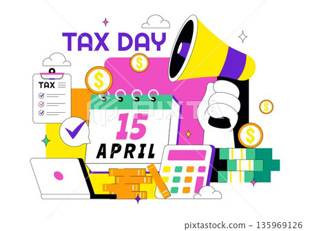 Happy Tax Day Vector Illustration On 15 April With Clipboard Tax Form, Clock, Pen, Coin Money, Paper Document For Bill Payment Flat Background 135969126