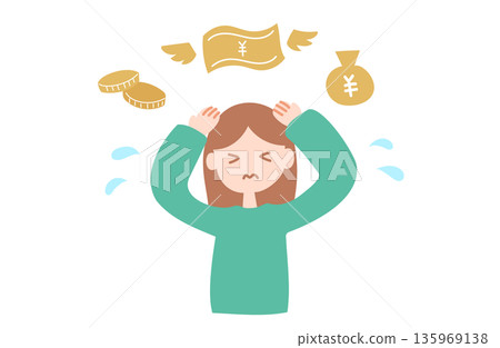 一位女性為錢煩惱的向量插圖 135969138