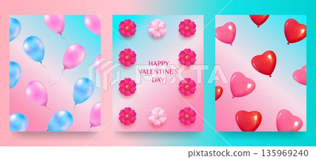 Happy Valentine s Day A set of greeting cards with balloons, flowers, and a gradient background Happy Valentine s Day A set of greeting cards with balloons, flowers, and a gradient background 135969240