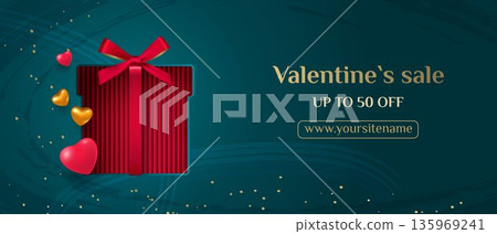 Horizontal Valentine s Day banner. A paper-cut gift box decorated with a bow and beautiful hearts. Template for greetings, presentations, and discounts Horizontal Valentine s Day banner. A paper-cut gift box decorated with a bow and beautiful hearts. Template for greetings, presentations, and discounts 135969241