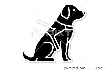 Guide dog icon: A pictogram of a guide dog wearing a harness, a companion that helps the visually impaired walk. 135969256